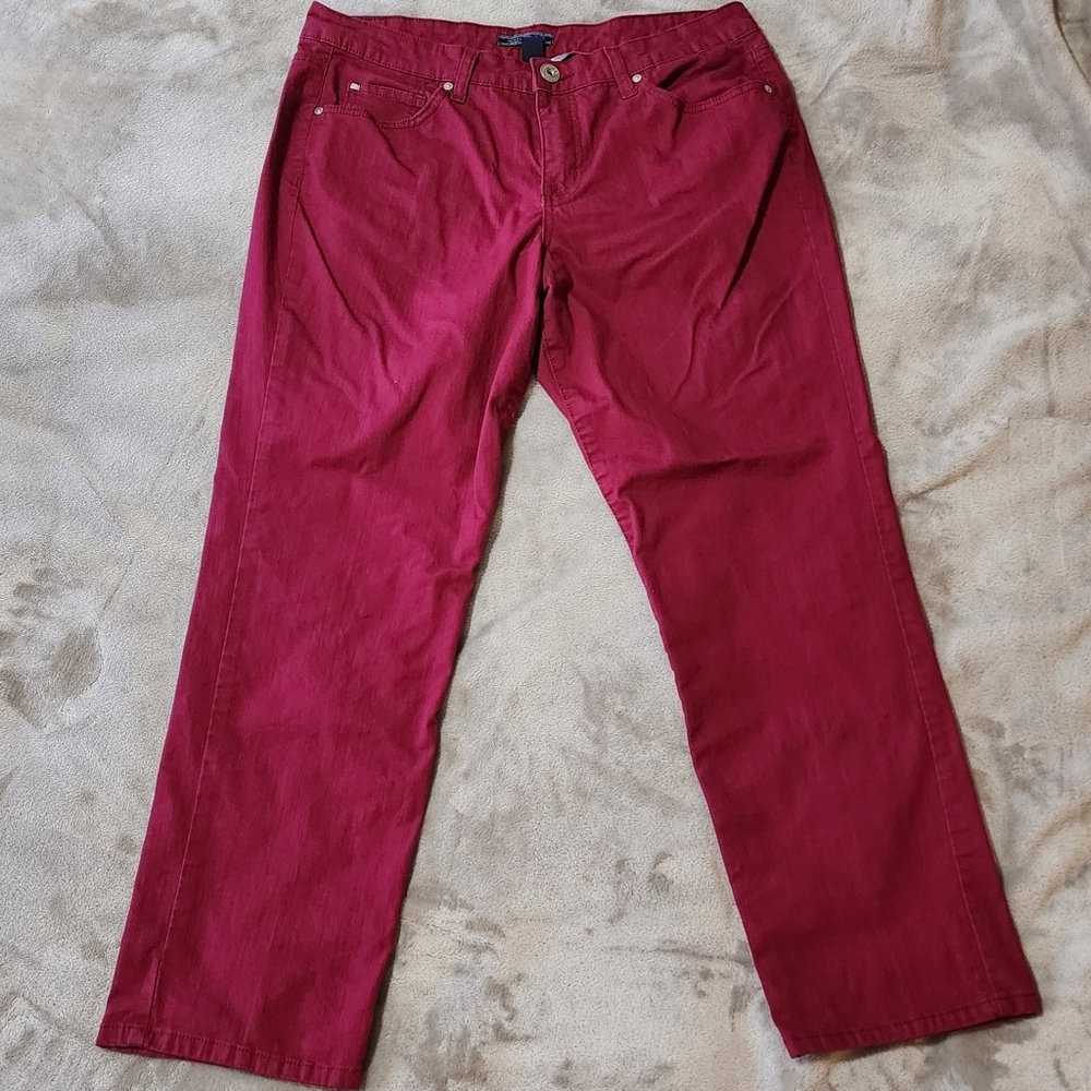 Red Straight Leg Jeans | Mid Rise Stretch Denim Petite 12
